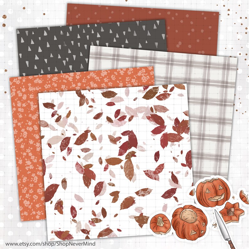 Puede incluir: Un conjunto de seis patrones de papel digital con temas oto&ntilde;ales. Los patrones incluyen un fondo blanco con hojas rojas y marrones, un fondo blanco con un patr&oacute;n de cuadros grises, un fondo blanco con lunares naranja y blancos, un fondo blanco con tri&aacute;ngulos grises y un fondo naranja s&oacute;lido con puntos blancos. El conjunto tambi&eacute;n incluye una imagen de clipart digital de una calabaza tallada y un cuchillo.