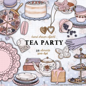 Tea Party clipart kit spring Tuin partij clipart Engels theetaart theepot kant kant thee partij porselein clipart commercieel gebruik sticker graphics