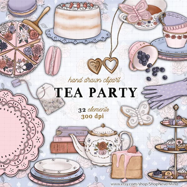 Tea Party Clipart Kit Frühling Garten Party Clipart englisch Teekuchen Teekanne Spitze Tee-Party-Porzellan Clipart kommerzielle Verwendung Aufkleber Grafiken