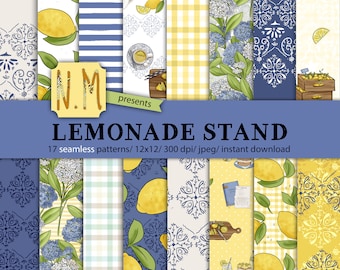 Lemonade digital paper pack lemonade stand digital pattern boho summer lemon papers commercial use yellow and blue hydrangeas floral summer