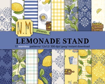 Lemonade digital paper pack lemonade stand digital pattern boho summer lemon papers commercial use yellow and blue hydrangeas floral summer