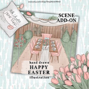 Spring scene illustration spring garden pastel easter scene commercial use sweet easter backyard table setting planner sticker graphics kit