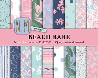 Summer digital paper pack pastel summer digital pattern commercial use pink floral paper beach seamless pattern planner sticker graphics