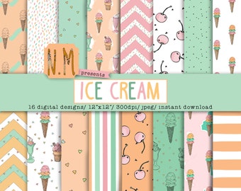 Ice Cream digital paper pack cute hand drawn ice cream digital pattern summer pastel cherry milkshake ice cream cone background pink mint