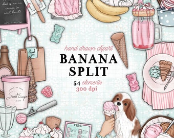 Ice Cream Shop clipart kit Ice cream parlour clipart pastel milkshake sundae banana clipart commercial use sticker graphics summer candy set