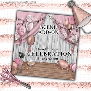 Party background illustration scène de scène clipart commercial utilisation rose fête d'anniversaire scène scène d'anniversaire ballons autocollantgraphiques
