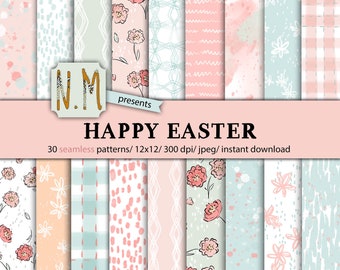 May include: A set of 30 digital paper patterns featuring a variety of Easter-themed designs. The patterns include floral motifs, polka dots, stripes, and geometric shapes in pastel pink, blue, and white colors. The patterns are 12x12 inches and 300 dpi.