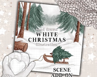 Christmas scene illustration forest scene clipart commercial use winter wonderland rustic christmas snow sledge scene sticker graphics kit