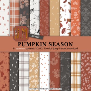 Puede incluir: Un conjunto de 31 patrones digitales sin costuras que presentan varios dise&ntilde;os oto&ntilde;ales, incluyendo cuadros, flores, lunares y telara&ntilde;as. Los patrones est&aacute;n en tonos de naranja, marr&oacute;n, gris y blanco. El texto "PUMPKIN SEASON" se muestra en la parte superior de la imagen.