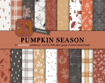 May include: A set of 31 digital seamless patterns featuring various autumnal designs, including plaid, floral, polka dots, and spiderwebs. The patterns are in shades of orange, brown, gray, and white. The text "PUMPKIN SEASON" is displayed at the top of the image.