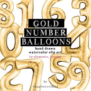 Número de oro globos clip arte digital acuarela oro lámina de oro fiesta decoración globos clipart mano pintada oro número globos kit