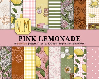 Pink Lemonade digital paper pack pink lemonade stand digital pattern boho summer lemon commercial use pink hydrangeas floral seamless papers