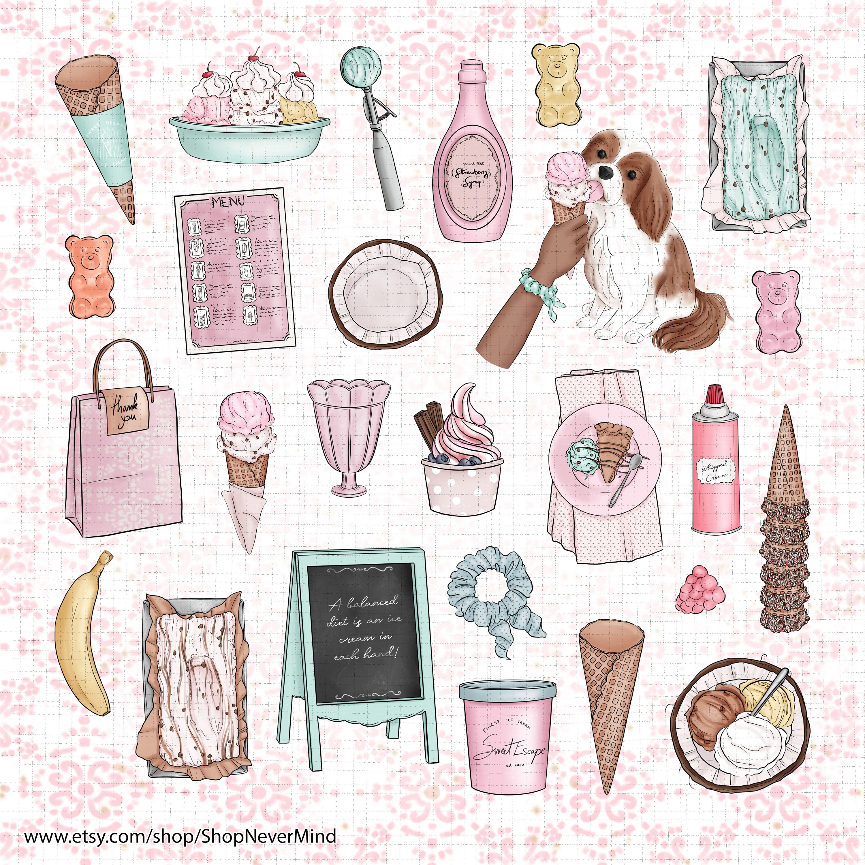 Ice Cream Shop Clipart Kit Ice Cream Parlour Clipart Pastel Etsy Canada