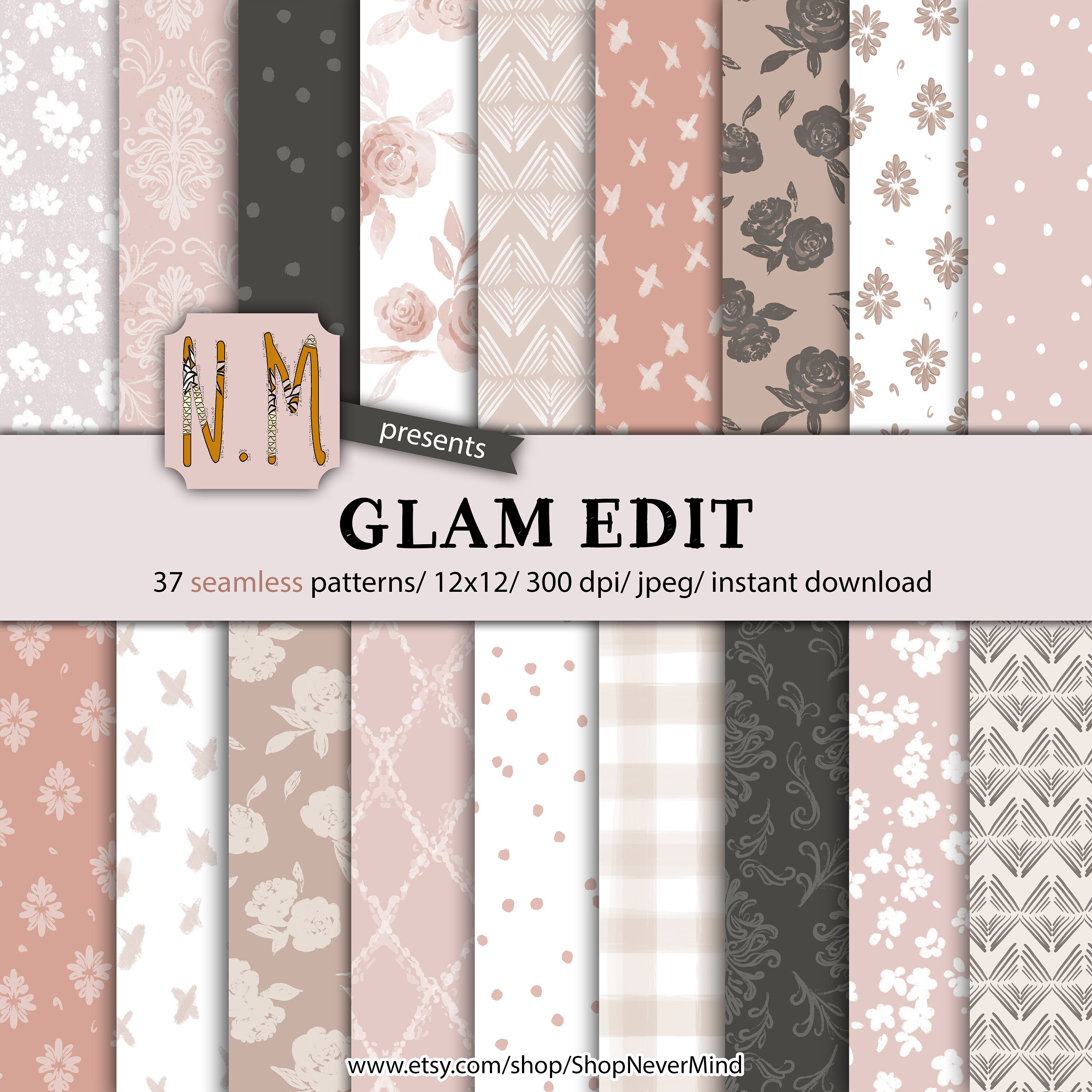 Glam digital paper pack floral digital pattern commercial use floral paper soft neutral glam seamless pattern damask paris inspired pattern