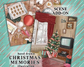 Christmas illustration Cozy retro christmas scene vintage christmas illustration commercial use winter living room planner sticker graphics