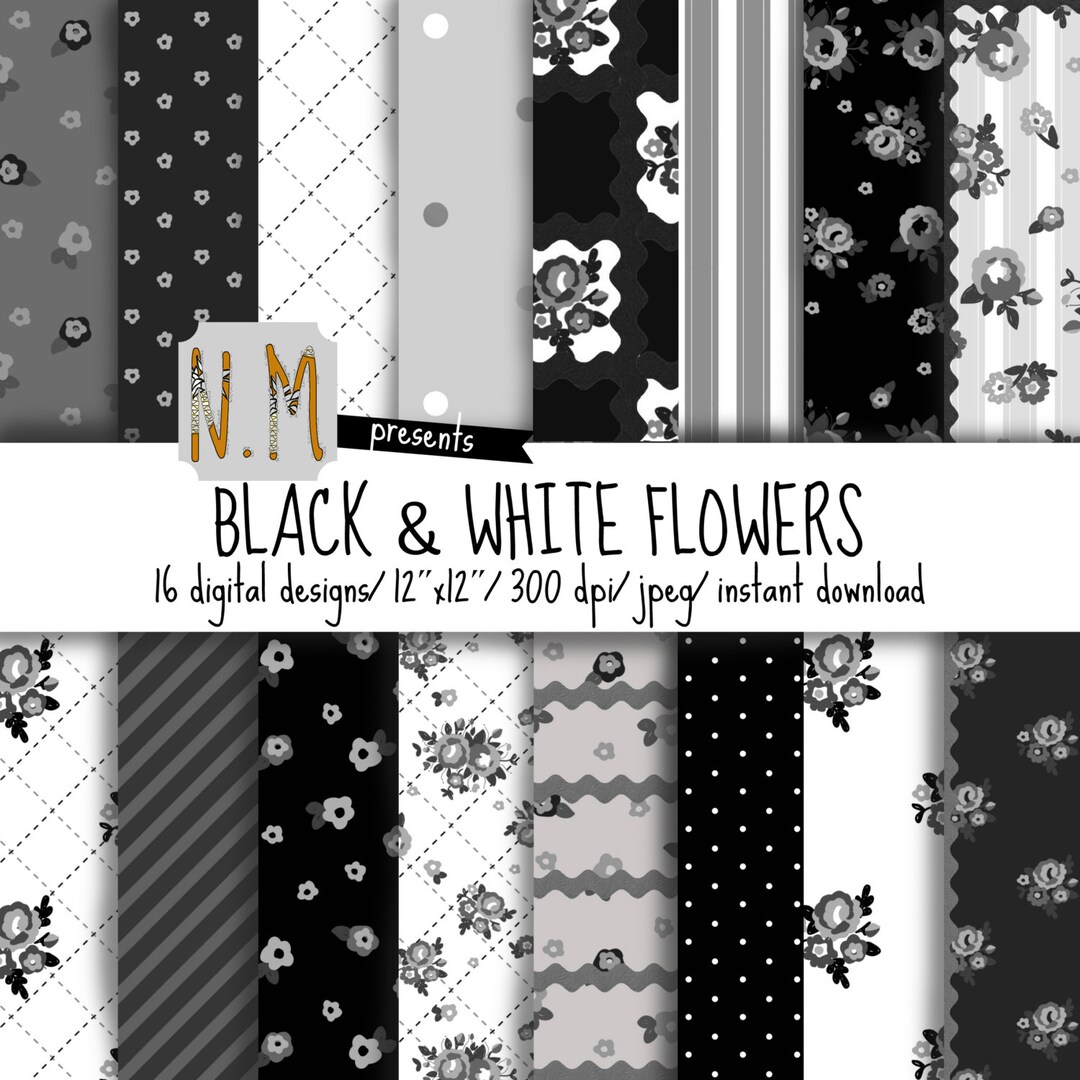 Black and White Flowers Digital Paper Pack Black White Digital Pattern ...