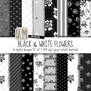 Noir et blanc fleurs papier numérique pack modèle numérique blanc noir gris fleurs roses vagues stripes polka dot fond de papier floral