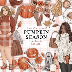 Kit de clipart de outono clipart de outono uso comercial torta de abóbora clipart de outono remendo de abóbora clipart abóbora tempero moda meninas adesivos gráficos