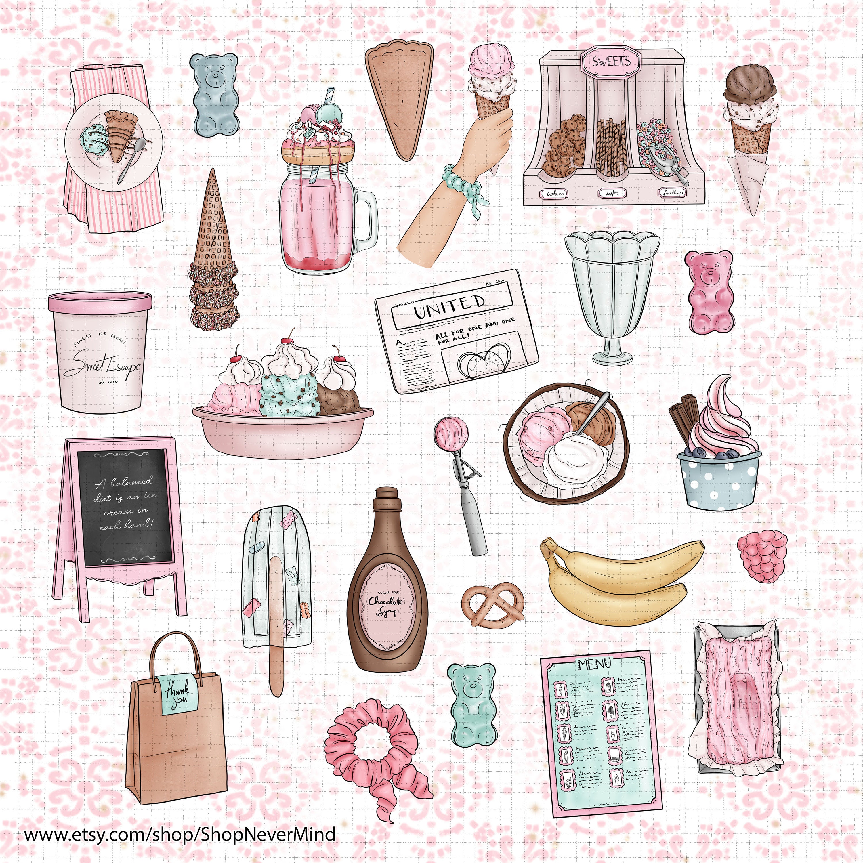 Ice Cream Shop Clipart Kit Ice Cream Parlour Clipart Pastel Etsy Canada