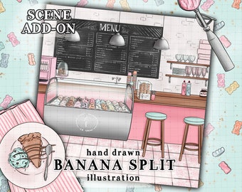 Ice Cream Shop illustration Pink Ice cream parlour scene fun summer background scene pastel commercial use chalkboard sweet sticker graphics