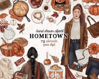 Fall clipart kit thanksgiving clipart autumn commercial use fall hometown halloween vibes planner sticker graphics thanksgiving baking set