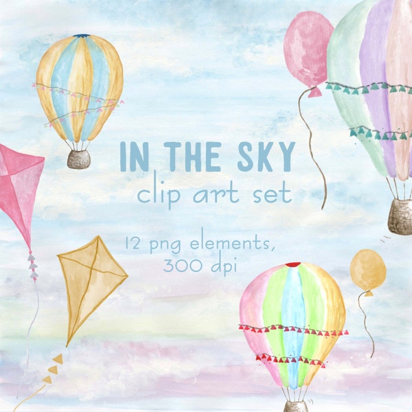 Hot air balloons clipart set watercolor hot air balloons flying kite elements pastel baby blue lilac pink yellow pastel watercolor clip art