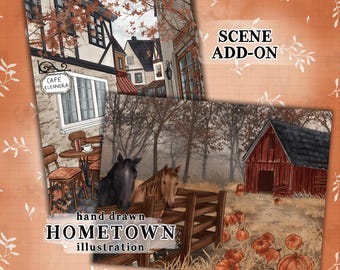 Fall illustration Cozy Fall thanksgiving scene hometown illustration commercial use autumn town and pumpkin field planner sticker graphics