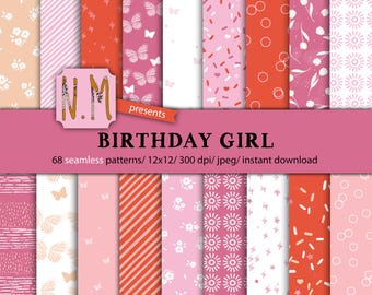 Birthday Party paper pack Pink girly birthday digital pattern commercial use seamless floral pattern tulips butterflies sprinkles paper