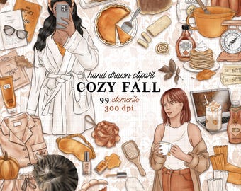 Fall clipart kit Cozy fall clipart cozy autumn clipart commercial use lazy homebody planner sticker graphics fall thanksgiving baking set
