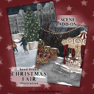 May include: Hand-drawn Christmas Fair illustration featuring a winter scene with ice skaters, a Christmas tree, and a carousel. The image includes text that reads "Christmas Fair" and "Scene Add-On". The background is a dark red with white stars.