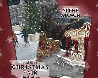 Christmas Market illustration winter fair christmas carnival scene commercial use carousel ice skating rink planner sticker graphics set
