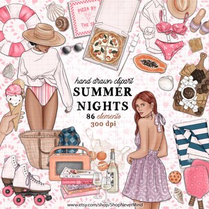 Kit de imágenes prediseñadas de noches de verano Imágenes prediseñadas de atardecer en la playa de verano Imágenes prediseñadas de vacaciones de verano Uso comercial Planificador de playa Pegatinas Gráficos Conjunto de vacaciones de verano