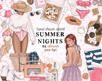 Summer Nights clipart kit Summer beach sunset clipart summer vacation clipart commercial use beach planner sticker graphics summer break set