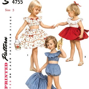 May include: A sewing pattern envelope labeled S 4755 Size 5 featuring illustrations of three outfits for children. The designs include ruffled crop tops, a floral skirt, a solid red skirt, and blue bloomers with a matching skirt, all shown with line art.