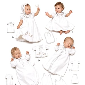 May include: A sewing pattern labelled 6425 for infant clothing, featuring white dresses, gowns, a jacket, a bonnet, and a bib. The designs include delicate floral embroidery, lace trim, and ribbon ties, displayed with illustrations of infants wearing the garments.