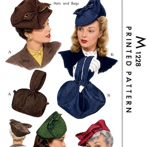 Peut inclure: Une pochette de patron de couture marquée M 1228 Printed Pattern pour chapeaux et sacs. Elle présente des illustrations de divers chapeaux et sacs à main en marron, bleu, vert et rouge avec des textures côtelées, incluant une taille ajustable.