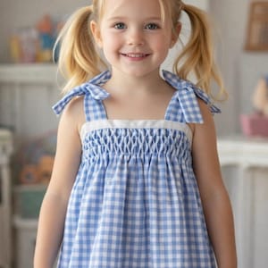 May include: A light blue and white gingham dress featuring a smocked bodice, a white trim along the neckline, and shoulder straps that tie into bows. The hem of the dress is finished with a scalloped edge, creating a distinct decorative detail.