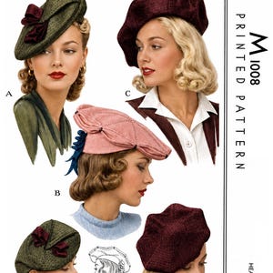 Puede incluir: Patrón de boina vintage con tres estilos de boinas. La imagen muestra a mujeres con boinas en verde oliva, burdeos y rosa. El patrón está etiquetado como "Boinas para damas y señoritas" e incluye un tamaño de cabeza de 58,4 cm.