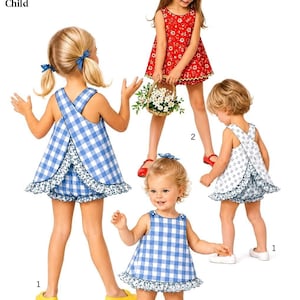 May include: A sewing pattern labeled S 8165 for a child's size 2 dress with a 21 inch breast measurement. The pattern displays three variations of a sleeveless dress with a ruffled hem, including blue gingham and red floral fabric designs.