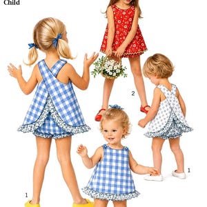 Könnte beinhalten: Ein Schnittmuster mit der Bezeichnung S 8165 für ein Kinderoutfit in Größe 6 Monate, Brustumfang 19. Das Muster zeigt ein rotes Blumenkleid und zwei Varianten eines blau-weißen Vichy-Karo- oder Muster-Latzhosen-Sets mit Rüschenhöschen.
