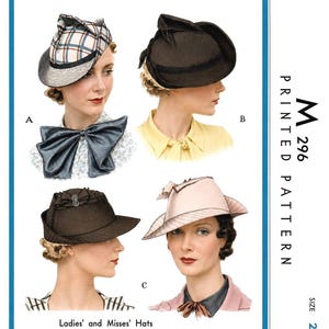 May include: A sewing pattern envelope labeled M 296 for Ladies' and Misses' Hats, size 22, adjustable 1/2 inch larger or smaller. The illustration displays six hat variations in plaid, dark brown, and light pink, featuring bows and brims.