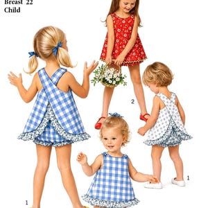 May include: A sewing pattern labeled S 8165 for a child's size 3, breast 22 inch dress and romper set. The image displays three variations of the outfit: a red floral dress, a blue and white gingham romper, and a white patterned romper.
