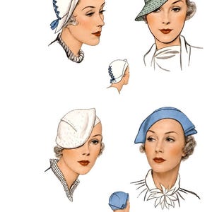 Może przedstawiać: Ilustracja wzorów kapeluszy damskich w stylu vintage. Obraz przedstawia cztery różne projekty kapeluszy w kolorach białym, niebieskim i zielonym, z szczegółowymi rysunkami każdego stylu. Widoczny jest tekst "S 1415 Pattern" i "Medium Size".