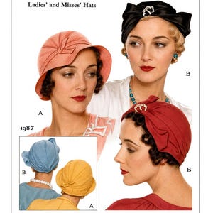 Peut inclure: Patron imprimé pour chapeaux de dames. L'image présente des illustrations de chapeaux vintage, dont des modèles cloche et turban. Le patron est de taille 23, réglable de 57,15 à 59,69 cm de tour de tête. Le numéro du patron est M1987.