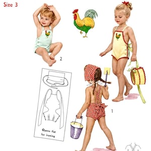 May include: A sewing pattern labelled S 1990 Size 3 featuring illustrations of children wearing rompers with rooster embroidery. Includes a diagram showing the garment opens flat for ironing, a red gingham bonnet, and a matching red gingham romper.