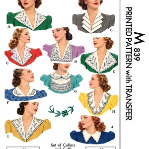 May include: A sewing pattern envelope labeled M 839 Printed Pattern with Transfer, featuring illustrations of ten different decorative collars and cuffs. The designs include various shapes, scalloped edges, lace trim, and embroidery motifs for dresses.