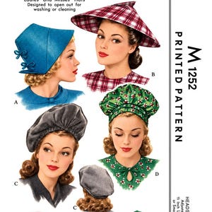 May include: A sewing pattern envelope labeled M 1252 for Ladies' and Misses' Hats. The illustration displays four hat styles: a blue bonnet with bows, a red plaid wide-brim hat, a grey beret, and a green floral cap. Includes headsize 23 inches.