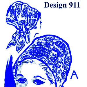 May include: A blue and white illustration showing women in headscarves. The image includes the text "Design 911". The headscarves are patterned and tied in different ways, with one featuring a floral design.