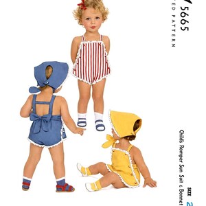 May include: A sewing pattern envelope labelled M 5665 for a child's romper sun suit and bonnet in size 2. The image displays three variations of the romper: one with red and white vertical stripes, one in solid blue, and one in solid yellow.
