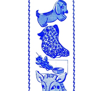 Puede incluir: Ilustración azul y blanca de un perro, un pájaro, una vaca y una jirafa. La palabra "Design" está escrita en cursiva encima de la imagen, con el número "751" al lado. La imagen está enmarcada con un borde azul punteado.